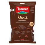 Loacker Minis Double Choc confectionery snacks featuring small chocolate-filled wafer bites in a colorful package.