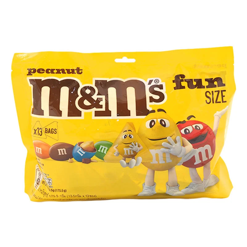 M&M Peanut Fun Size chocolate candies in a 175.5 g bag, featuring colorful shell-coated peanut chocolates from M&M.