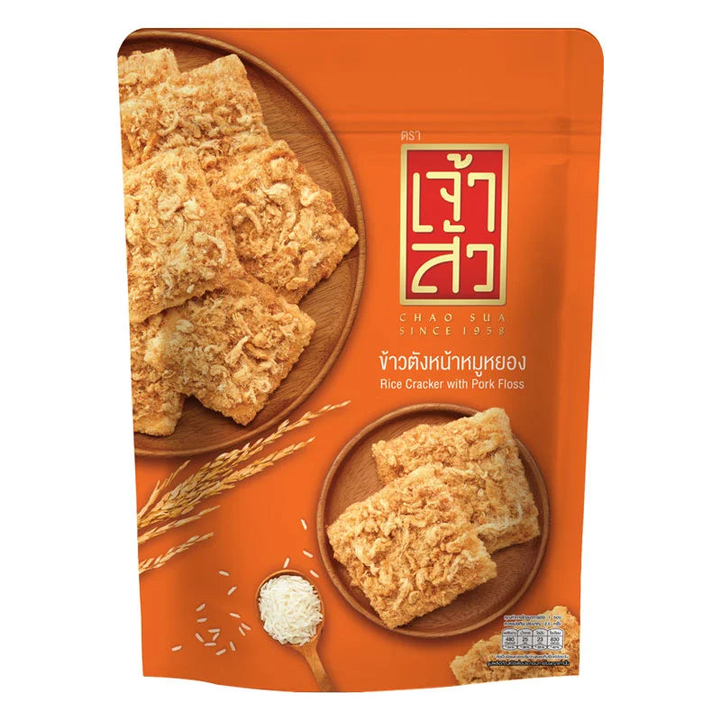 Chao Sua Rice Cracker with Pork Floss in 80g package, crispy snack featuring rice cracker topped with savory pork floss