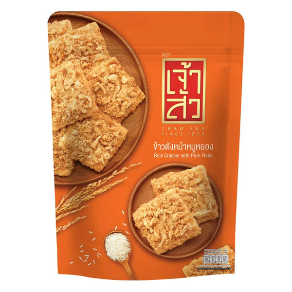Chao Sua Rice Cracker with Pork Floss in 80g package, crispy snack featuring rice cracker topped with savory pork floss