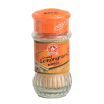 Nguan Soon dried lemon grass powder in a clear container, showcasing the finely ground yellow-green herbal spice for cooking.