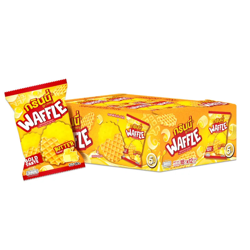 Grinny Waffle Crisp Butter Milk flavor, 18g packs, showing a close-up of crispy waffle snacks in a pack of 12.