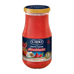 CIRIO Pasta Sauce jar with label, featuring a red and white design, placed on a kitchen countertop.