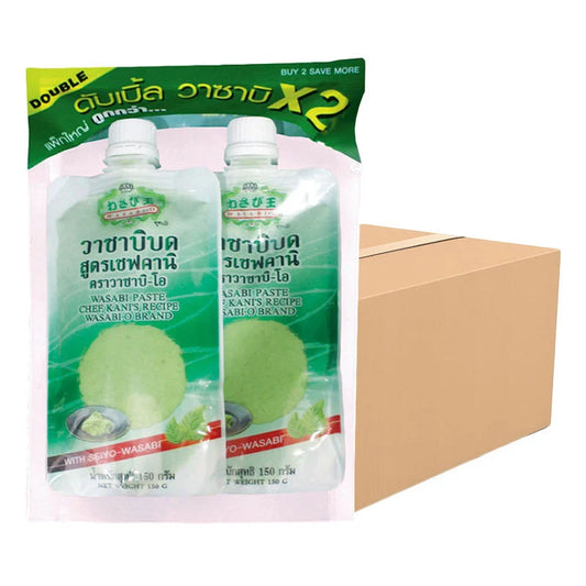 WASABI-O Wasabi Paste Kani Formula 150g jars stacked, showing creamy green wasabi paste in clear containers for sushi and Japanese cuisine