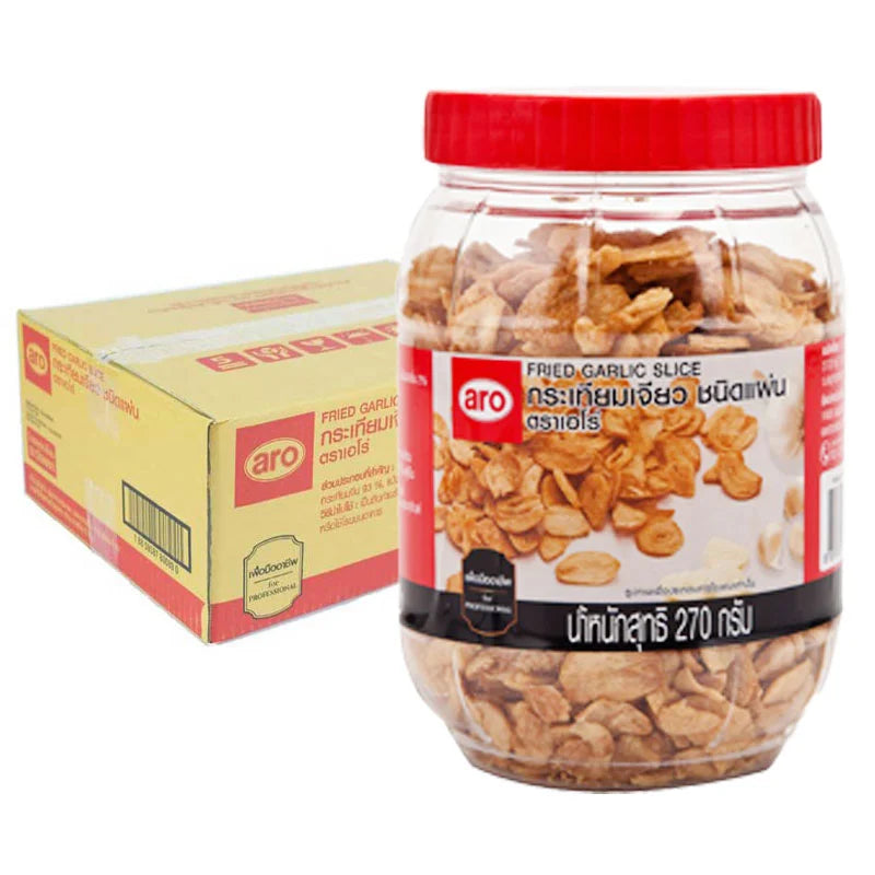 Aro sliced fried garlic in a 270g package, shown in a stack with crispy, golden garlic slices ready for cooking or garnishing.