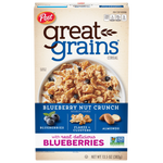 Post Great Grains Blueberry Nut Crunch cereal in a bowl with blueberries, nuts, and cereal flakes close-up.