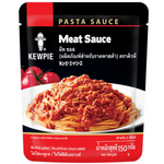 Kewpie Pasta Meat Sauce jar shown with label, featuring rich tomato sauce with ground meat, for pasta dishes.