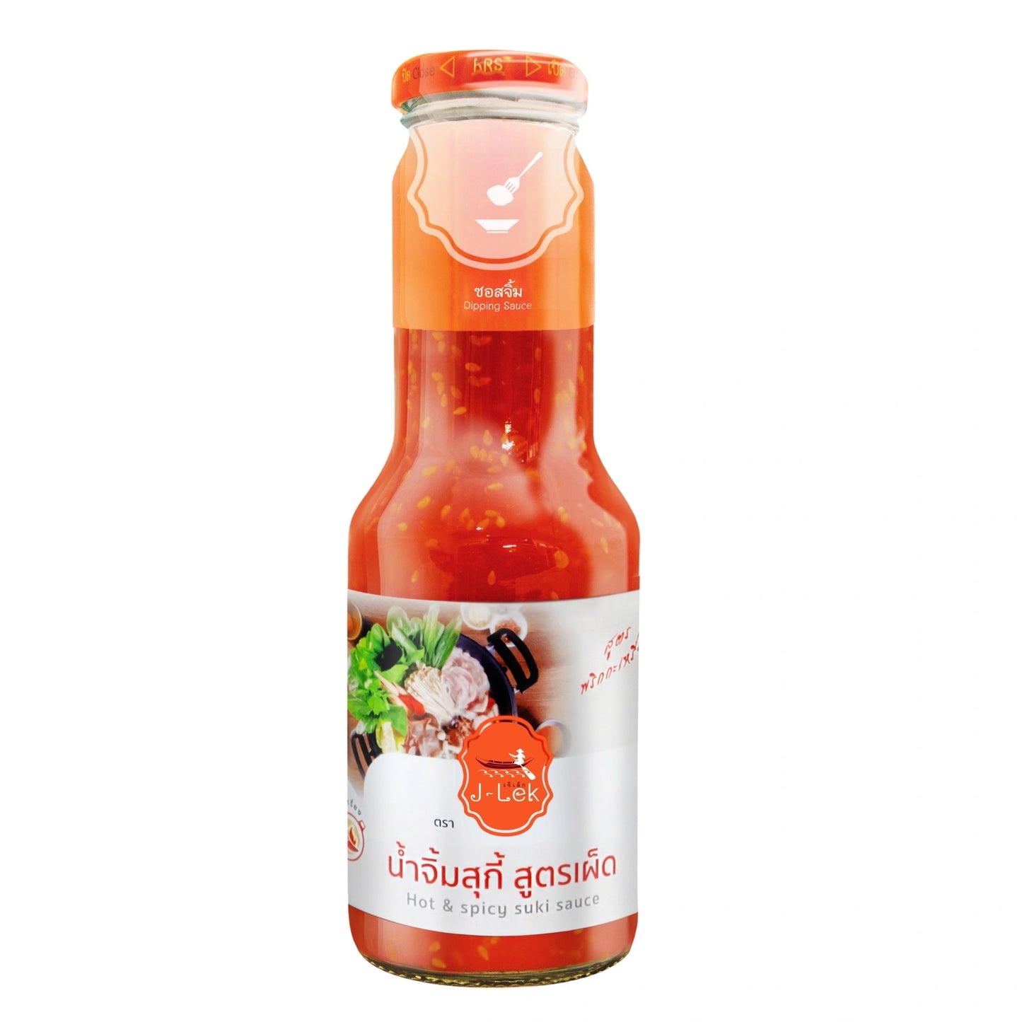 J-LEK Hot & Spicy Suki Sauce 340g jar, showing the label and spicy sauce inside, ideal for Asian dishes