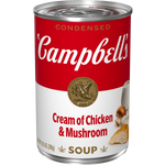 A bowl of Campbell's Chicken Mushroom Soup with chunks of chicken and mushrooms in a creamy broth, served in a white bowl.