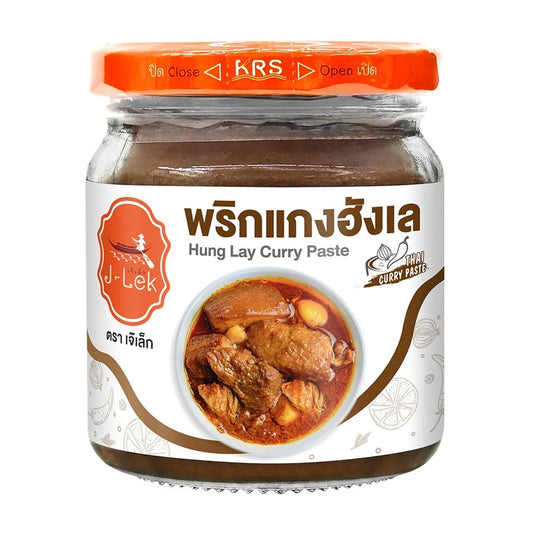 J-Lek Hung Lay Curry Paste 195g jar with vibrant label, showcasing traditional Thai curry ingredients and packaging.