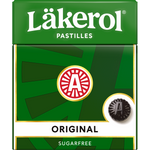 Lakerol Original Sugar Free confectionery snack in a clear container with orange and white packaging visible
