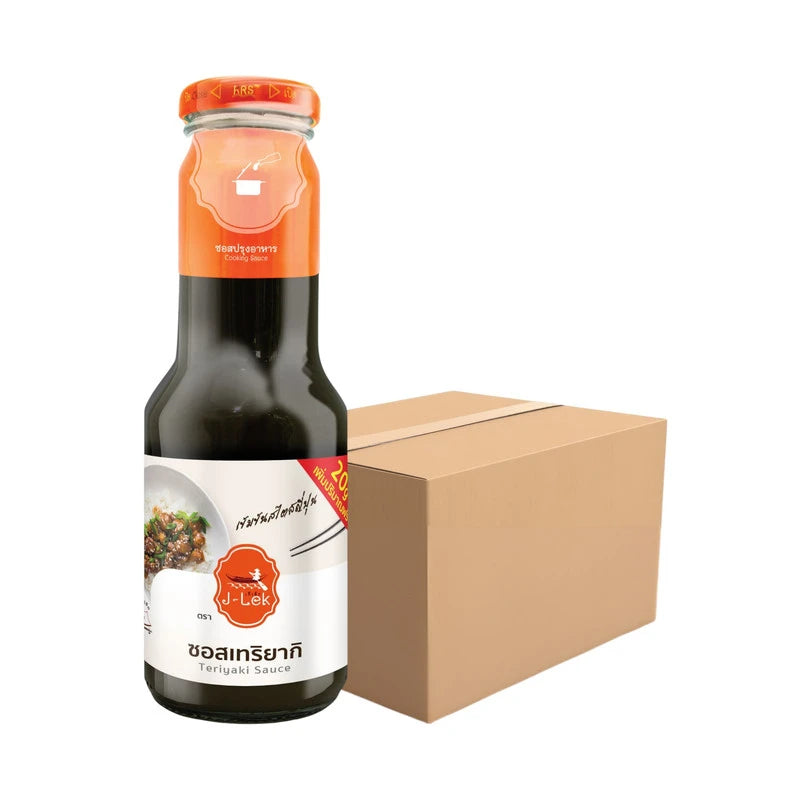 J-LEK Teriyaki Sauce in glass bottles, 380g each, displayed in a pack of 12, featuring dark, glossy sauce with labels.