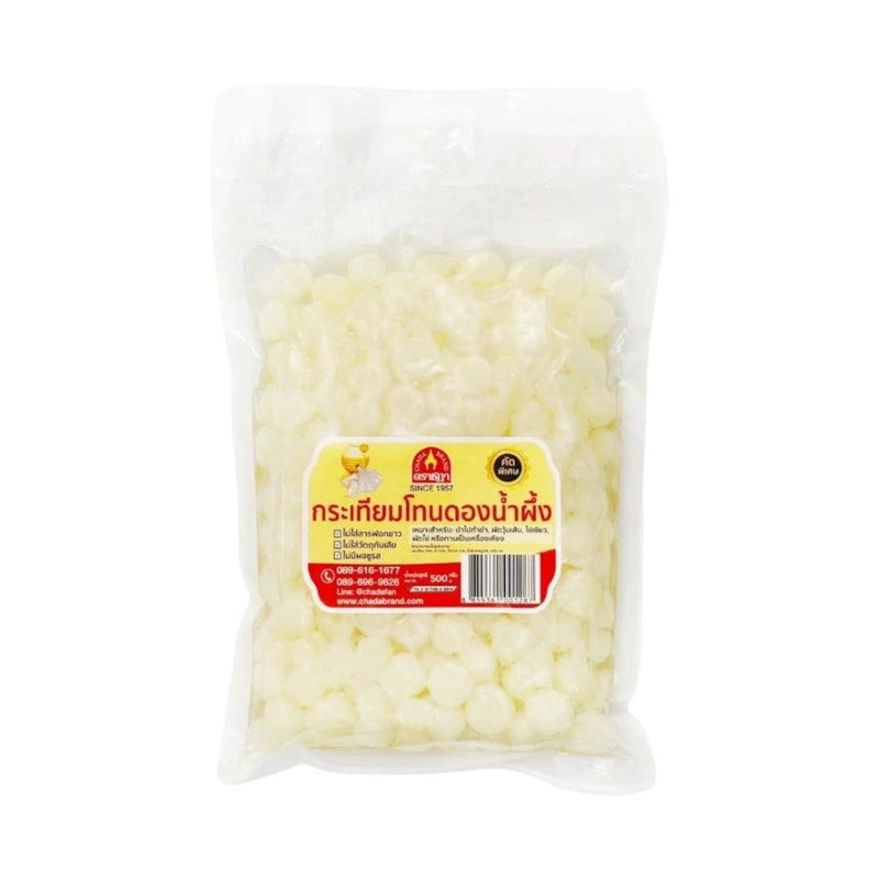 Chada authentic honey pickled single-clove garlic in a jar, ideal for salads and fried eggs, no MSG or firming agents.