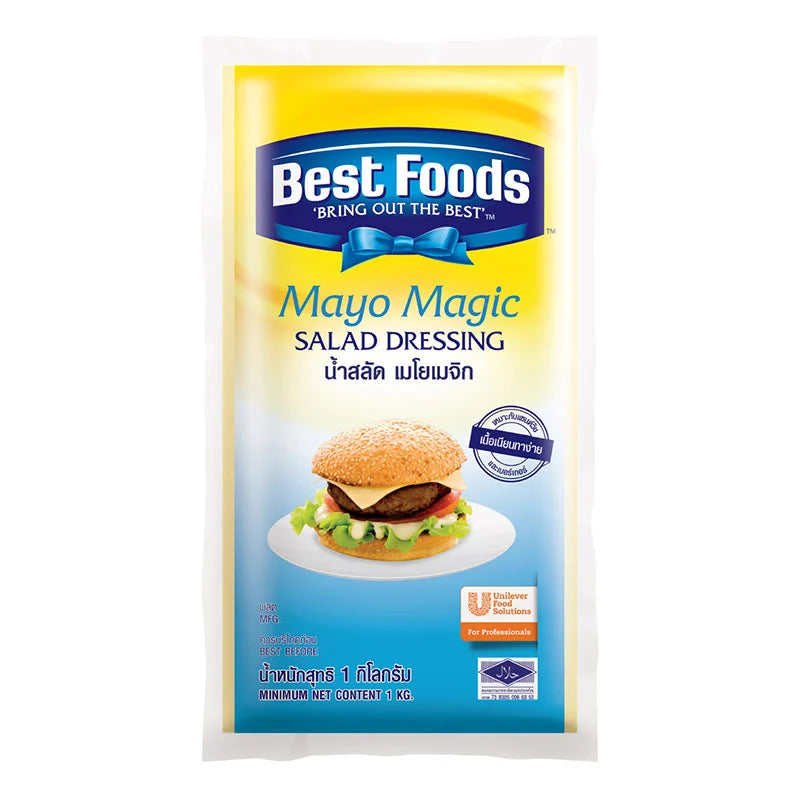 Creamy BEST FOODS Mayo Magic Salad Dressing in 1 kg bottle, perfect for salads and sandwiches.