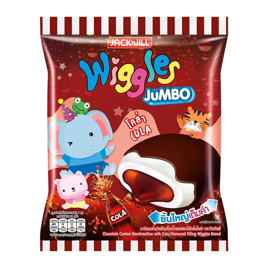 WIGGLES Marshmallow Cola Candy 4.5g, 24 pieces, colorful marshmallow candies shaped like cola bottles and marshmallows.