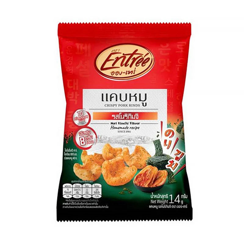 ENTREE Crispy Pork Rinds Nori Kimchi snack in 14g packages, showing crispy pork rinds with nori and kimchi seasoning.