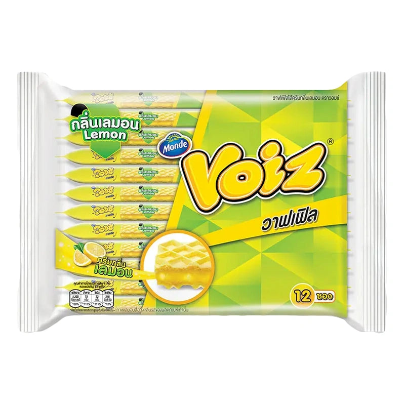 VOIZ Waffle Lemon Flavour 19g, 12-pack, showing lemon-flavored waffles with bright yellow color and crisp texture.