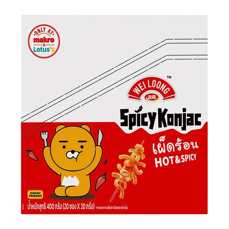Wei Loong Hot and Spicy Konjac, 400g package, showing sliced spicy konjac jelly with red chili flakes and vibrant red sauce