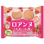 Bourbon Roanne Tochiaika Ichigo confectionery snack with strawberry-flavored treat and crisp biscuit layers in bright packaging