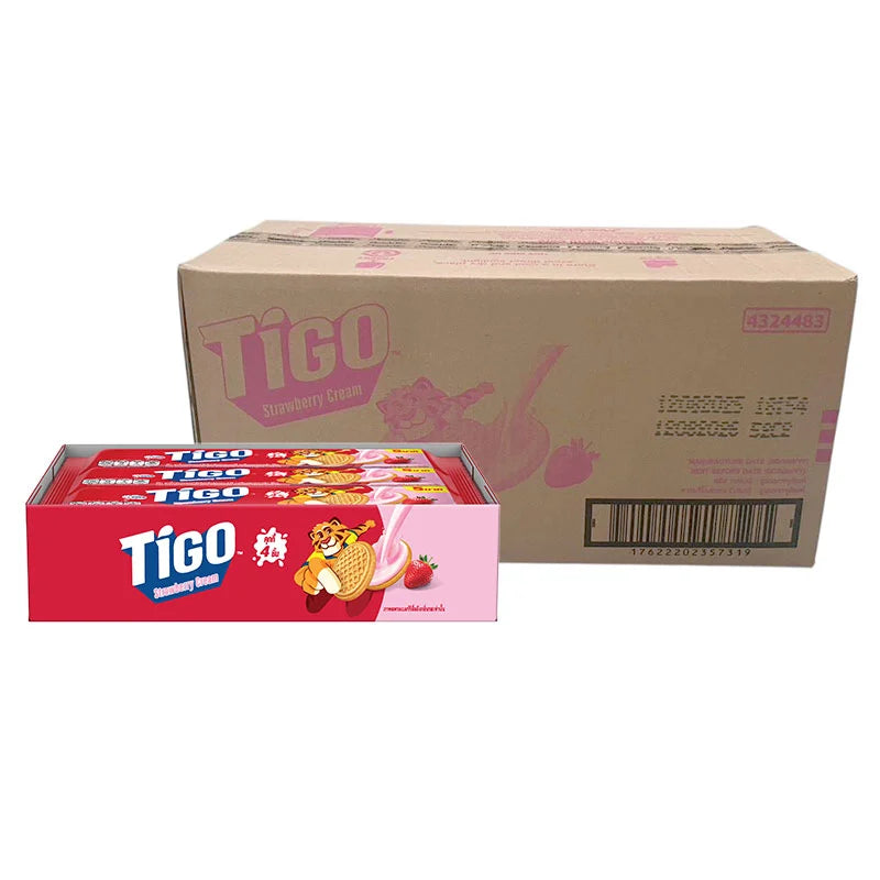 TIGO Cream Filled Strawberry Cookies 35g with visible cookies showing pink cream filling and strawberry flavor.