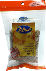 Raitip Farm white pepper in a clear container, showing small white pepper grains for culinary seasoning.