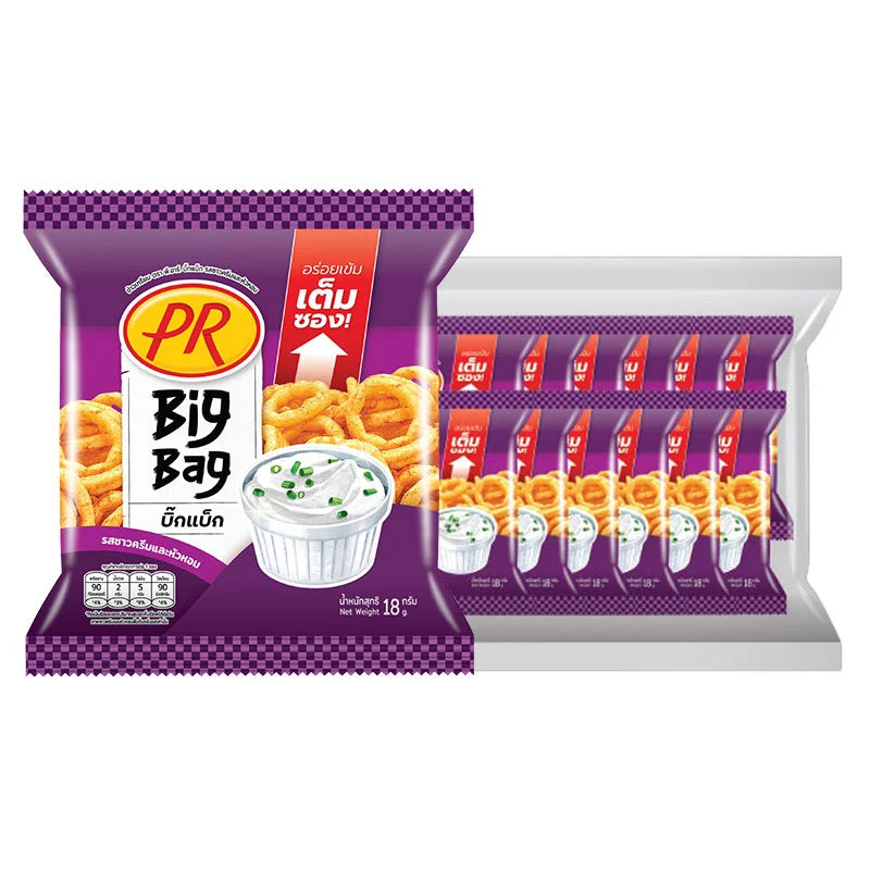 PR Big Bag Rice Cracker Sour Cream and Onion flavor, 18g snack bag with crispy rice crackers in a colorful package.