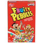 Bowl of Post Fruity Pebbles cereal with colorful, fruity-flavored rice cereal in milk, typical grocery product display