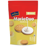 Regal Marie Creamy Vanilla confectionery snacks showing golden, flaky biscuits with vanilla cream filling in a close-up image.
