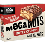 Tasti Mega Nuts Nutty Crunch Bar showing crispy nut-filled granola bar with chocolate coating on top.