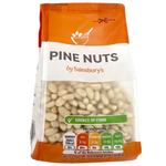 Sainsbury's Pine Nuts, confectionery snack with light brown pine nuts in a clear package, ready for snacking or cooking.