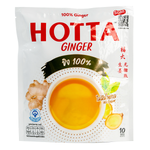 Hotta Instant Ginger Drink with no sugar, showing a steaming cup of ginger beverage in a clear glass on a wooden table.
