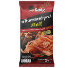 Spicy Gomuc shredded squid snack in a clear package, showcasing the shredded squid with a spicy flavor for confectionery snack lovers.