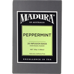 Madura peppermint tea bags box, caffeine-free herbal drink with fresh peppermint leaves and tea bags in packaging.