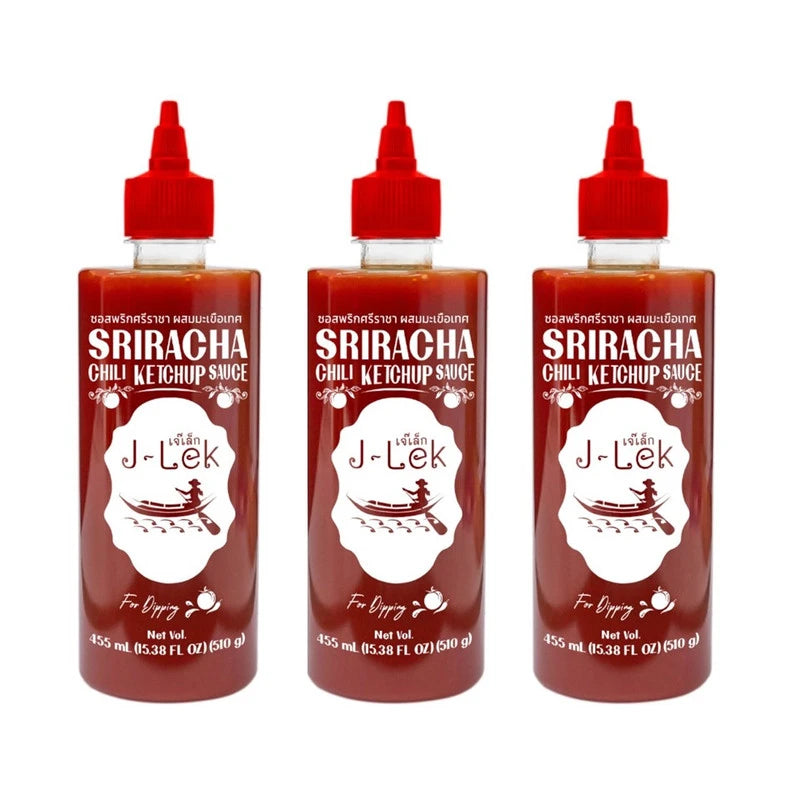 Six bottles of J-LEK Sriracha Chili Sauce with Tomato, 510g each, showing bright red sauce in clear glass bottles.