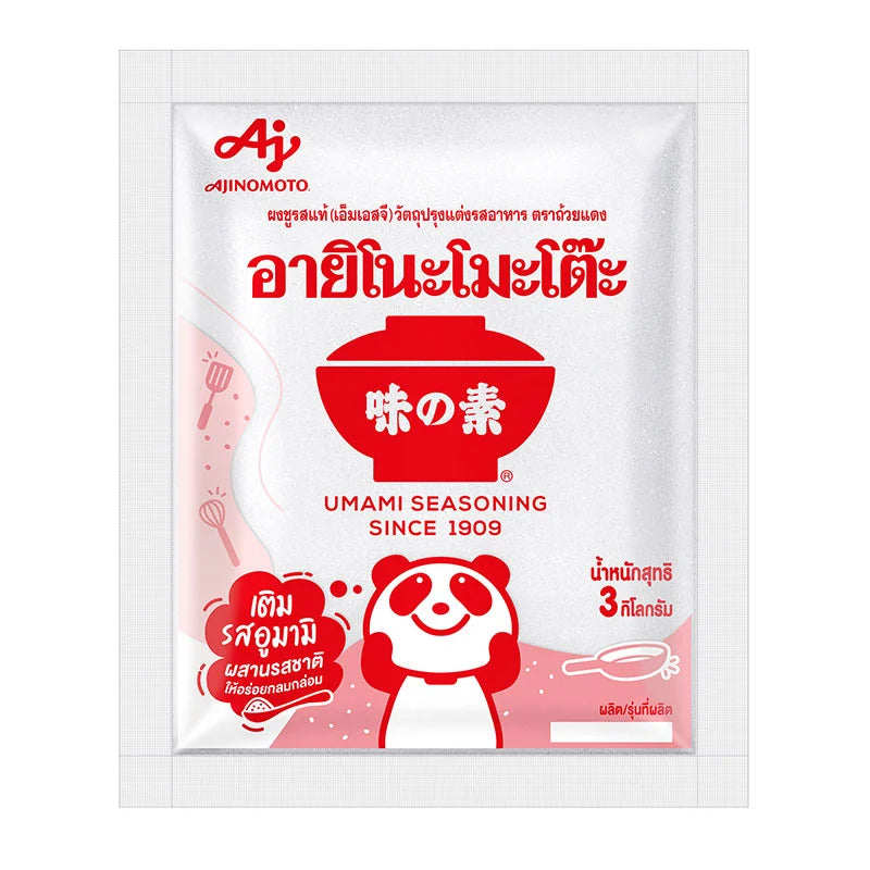 Ajinomoto MSG 3 Kg package with clear label, featuring the Ajinomoto brand logo and product details on the white bag.