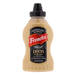 Jar of French's Dijon Mustard with yellow label and lid, showcasing its creamy texture and classic branding.
