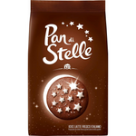 Mulino Bianco Pan Di Stelle confectionery snacks featuring chocolate cookies with star-shaped designs and creamy filling.