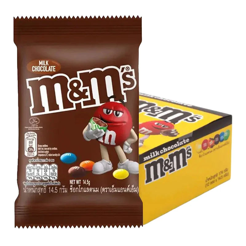 Assorted M&M Milk Chocolate candies in a clear bag, showing the colorful coated chocolates from the M&M brand.