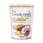 Golden brown coconut chips from THE GOLDGREEN, 50g bake dry grocery product, crispy coconut snack with natural flavor.
