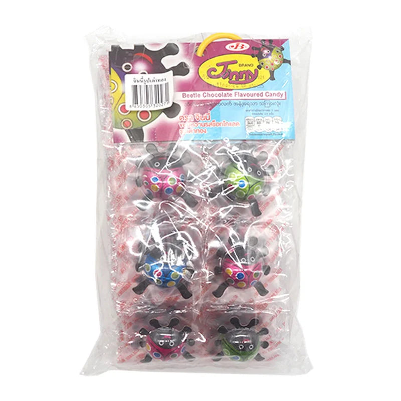 JINNY Chocolate Beetle 20-piece box featuring realistic milk chocolate beetle candies in colorful packaging.