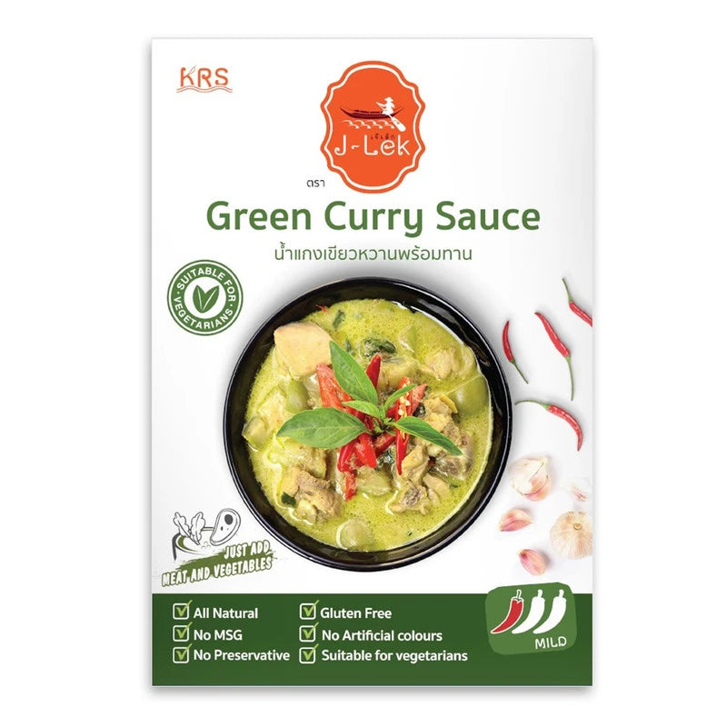J-LEK Green Curry ready to eat in 250g bowl, showcasing vibrant green curry with herbs and vegetables