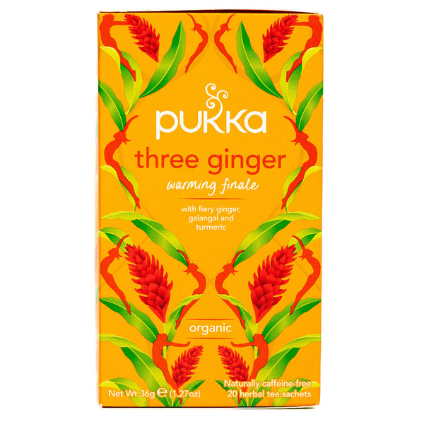 Pukka Three Ginger Tea Bags, 20 caffeine-free herbal tea sachets, showing a box of Pukka ginger tea for healthy drinking.