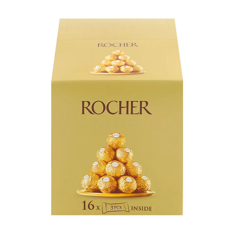 Ferrero Rocher T3 chocolate box with 16 packs of three chocolates each, featuring gold foil-wrapped hazelnut praline candies.