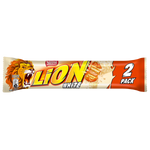 Nestle Lion white chocolate wafer bar showing the layered wafer and white chocolate coating in a close-up shot.