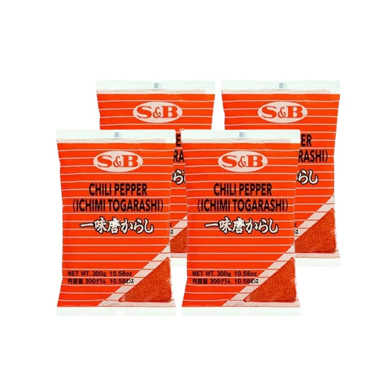 S & B Marco Polo Chili Pepper Ichimi Togarashi in four 300g bags, Japanese spice blend with bright red chili flakes.