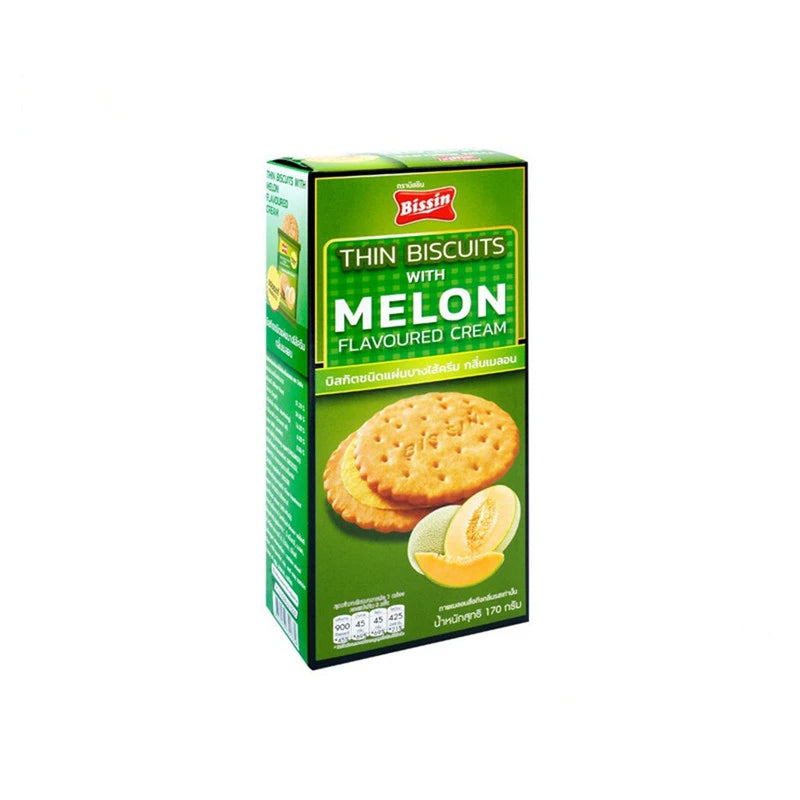 BISSIN Thin Biscuits with Melon flavor, 170g box, featuring golden biscuits with melon flavor on the packaging