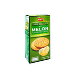 BISSIN Tin Melon Biscuits 170g in a metal tin, showcasing the colorful packaging and biscuits inside.