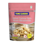 Tong Garden salted cashew and macadamia nuts in a clear bowl, showcasing crunchy confectionery snack pieces.