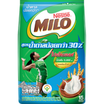Nestle Milo chocolate malt powder drink mix with less sugar, featuring a glass of prepared malt beverage and the powder container.