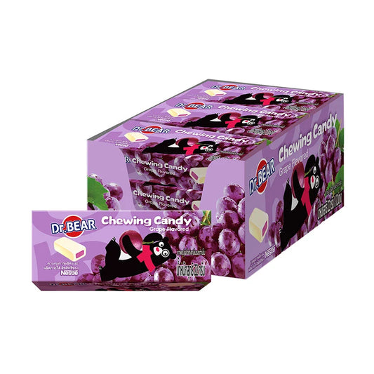 DR.BEAR Fruity Grape Soft Candy pack showing 12 individually wrapped grape-flavored candies in a colorful package